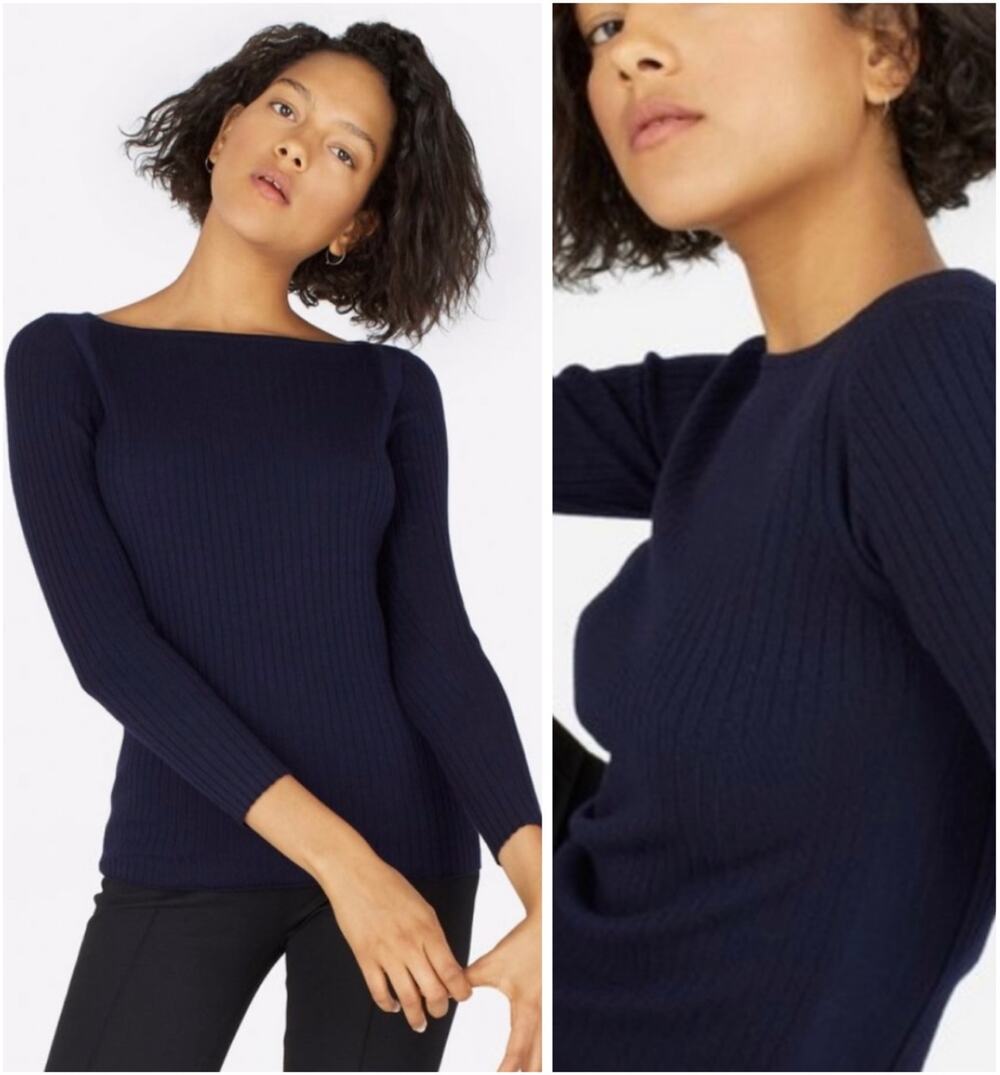 Everlane Luxe Wool Boatneck Ribbed Fitted Stretch Sweater Navy Classic - Medium